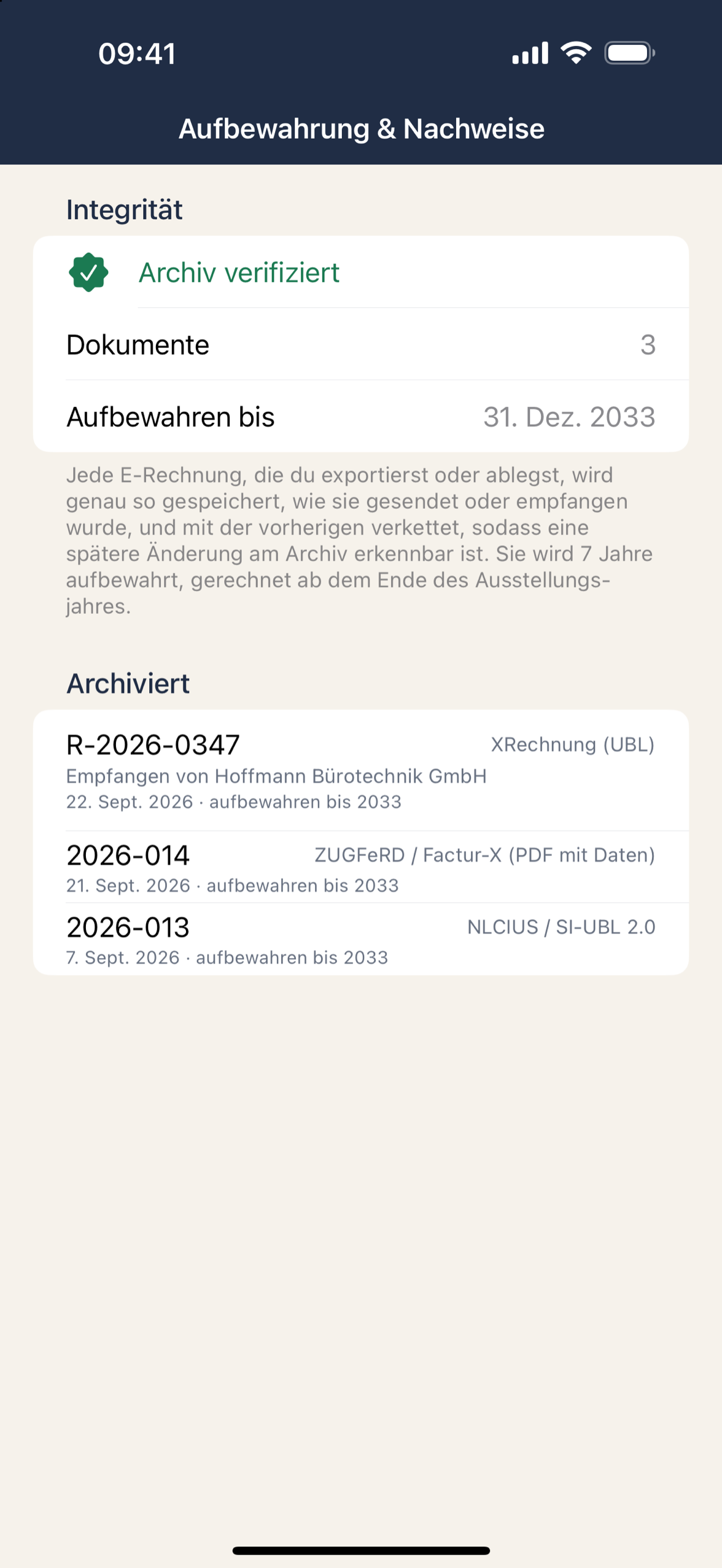Counthall: Das Rechnungsarchiv mit der Anzeige der Integritätsprüfung.