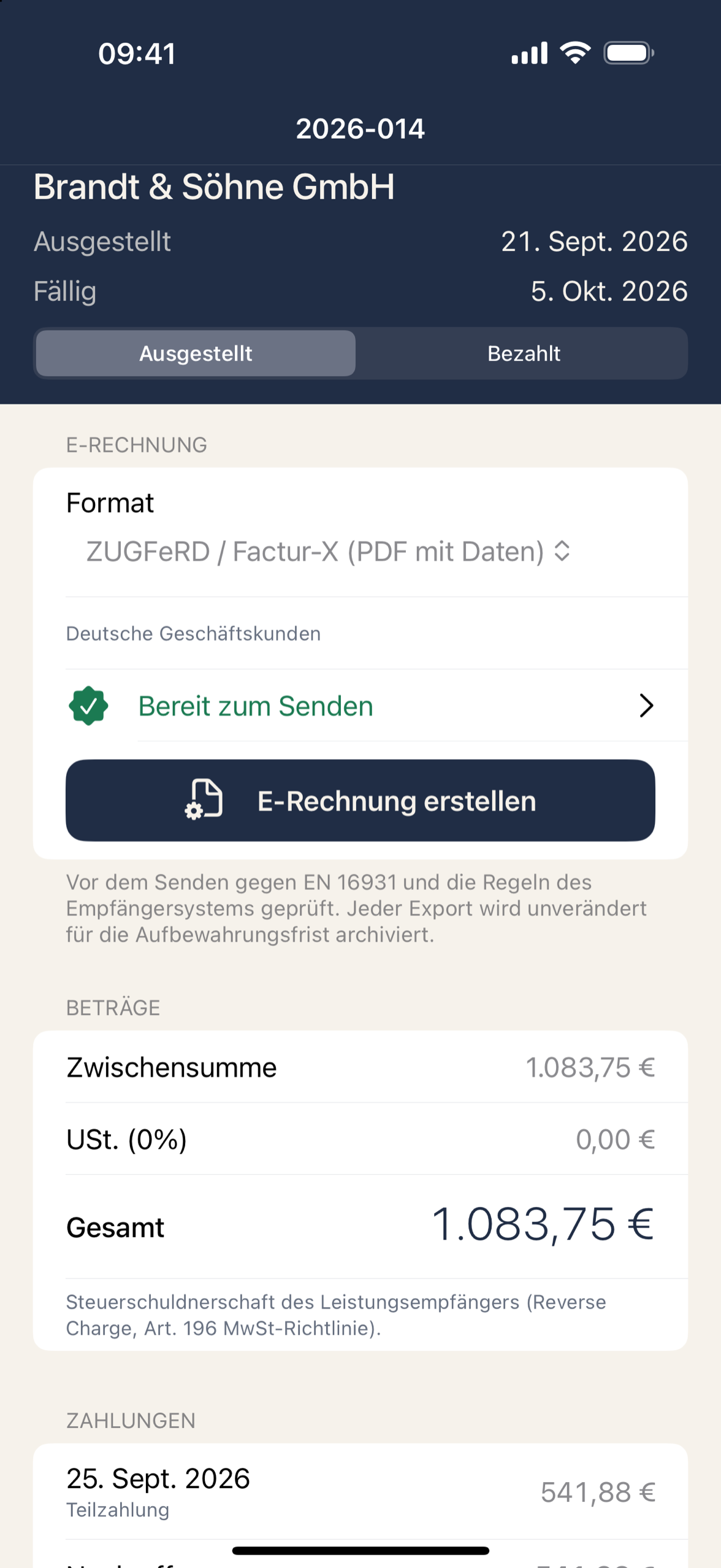 Eine Counthall-Rechnung mit der Umkehrabrechnungszeile sowie dem generierten PDF.
