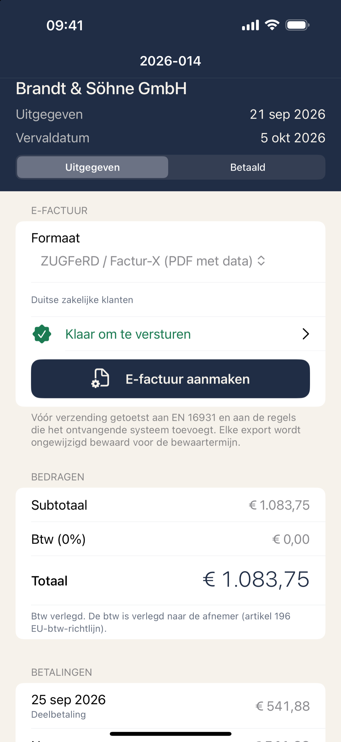 Een Counthall-factuur met de omkering van de belasting en de gegenereerde PDF